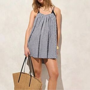 J.Crew MEDIUM Tie-back Beach Dress Linen Cotton Blend White Blue Gingham Coverup
